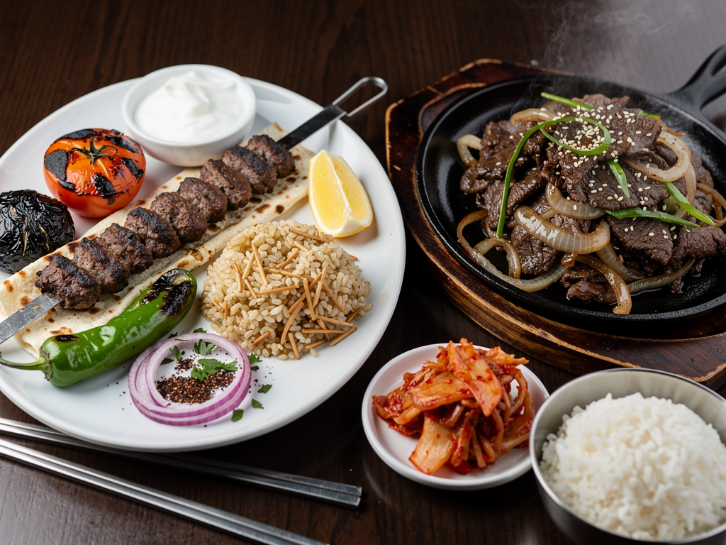 Korean Food vs Turkish Food (2026): The Honest UAE Guide 2 close-up of an Adana kebab with bulgur and grilled pepper beside a Korean beef bulgogi with banchan
