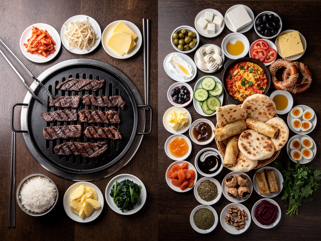 Korean Food vs Turkish Food (2026): The Honest UAE Guide 3 a Turkish breakfast spread of small plates around bread beside a Korean grill table with banchan