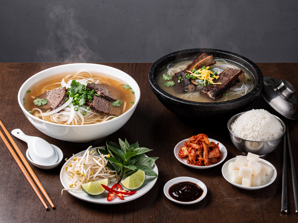 Korean Food vs Vietnamese Food (2026): The Honest UAE Guide 2 close-up of a bowl of beef pho with its herb plate beside a Korean galbitang beef soup with rice and kimchi