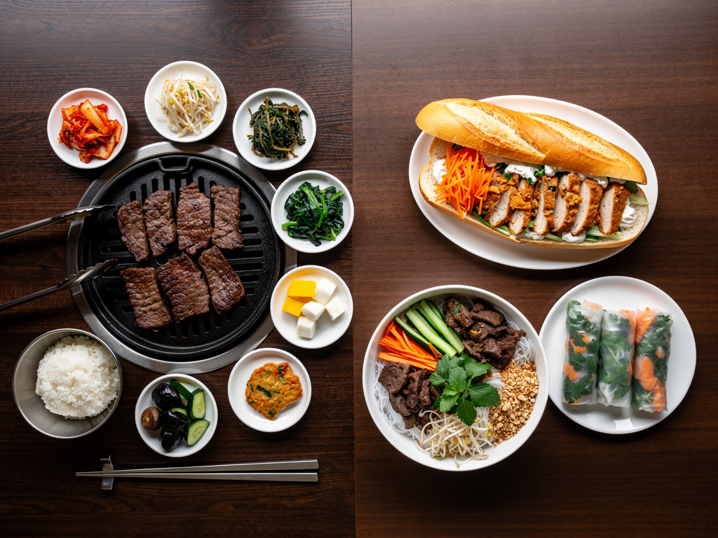 Korean Food vs Vietnamese Food (2026): The Honest UAE Guide 3 a Vietnamese spread of a chicken banh mi, a beef bun bowl and summer rolls beside a Korean grill table of free banchan