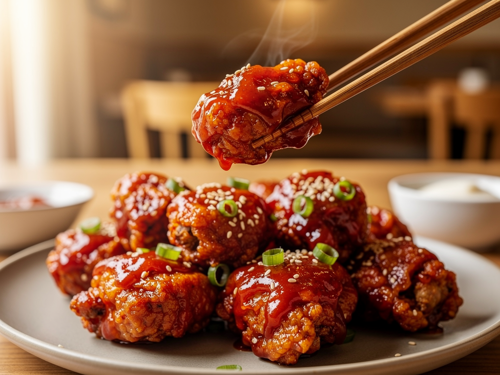 Yangnyeom Korean fried chicken close-up with sesame and spring onion