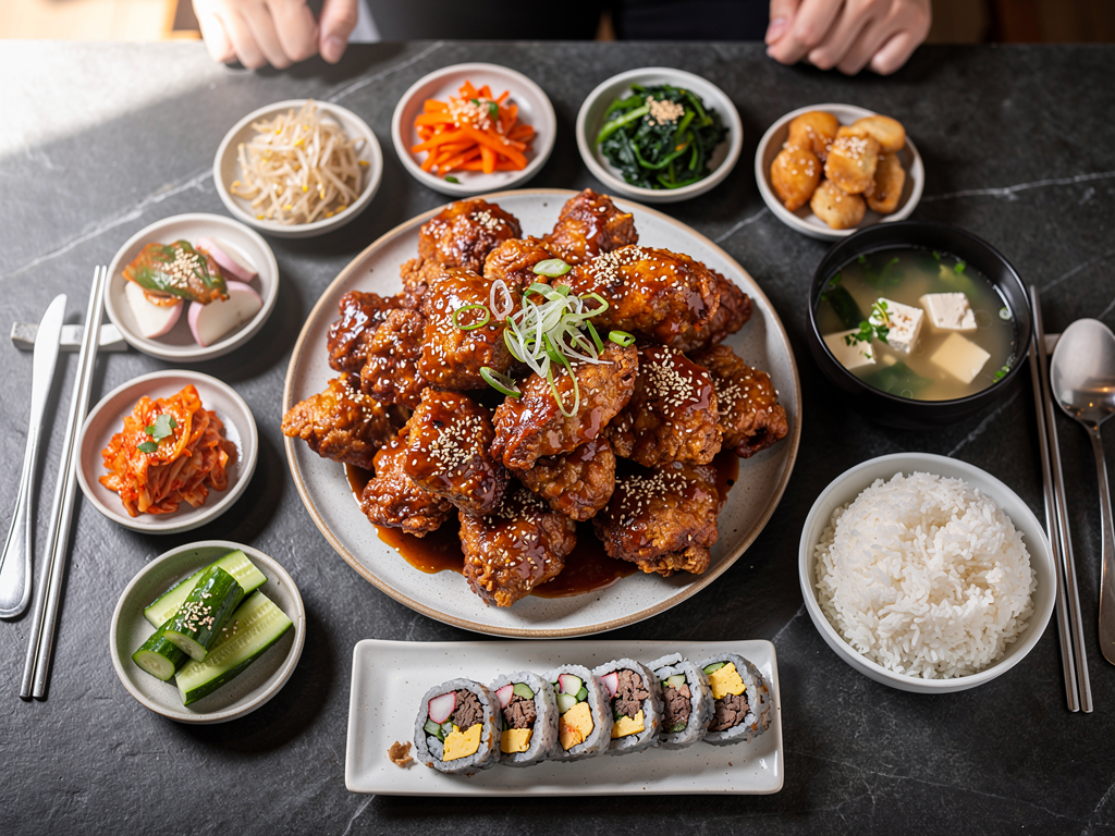 Korean fried chicken spread with banchan, gimbap, rice and soup