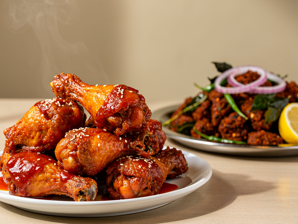 Glossy red yangnyeom Korean fried chicken pieces beside dry brick-red boneless chicken 65 with curry leaves and lemon