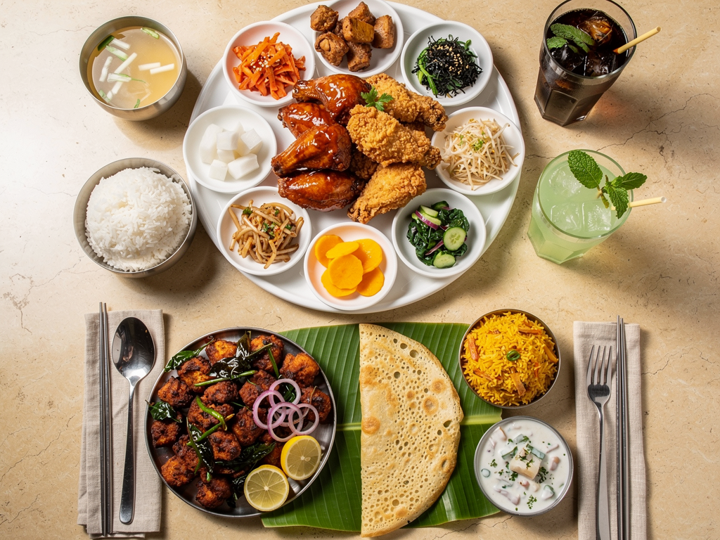 Mukbang Shows table with a whole yangnyeom fried chicken, banchan, rice and mocktails beside a Kerala plate of chicken 65, dosa and biryani