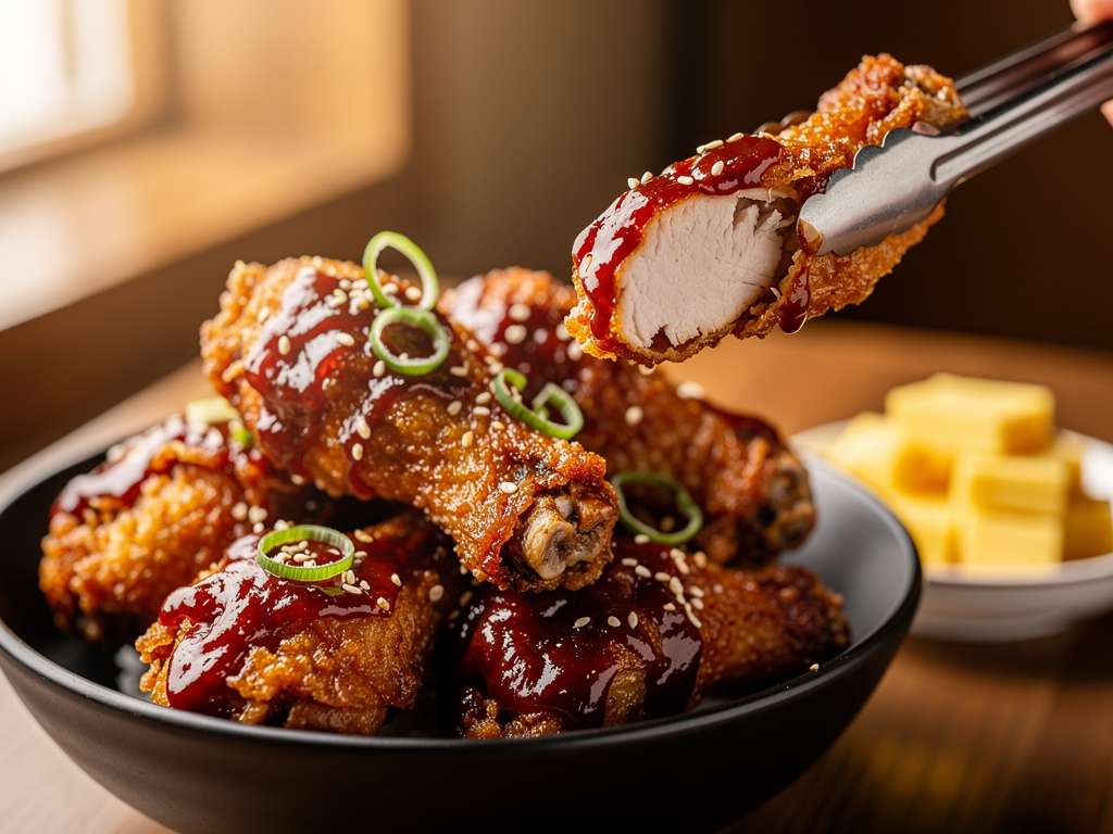 Close-up of Korean fried chicken pieces in a glossy red gochujang glaze with sesame seeds