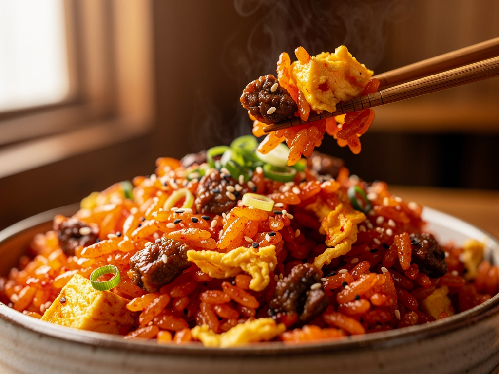 Korean kimchi fried rice in a hot pan
