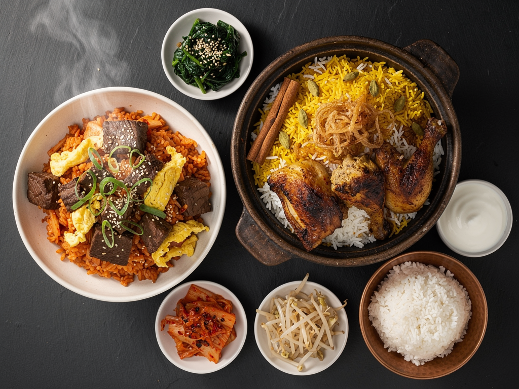 Korean fried rice and biryani side by side on one table