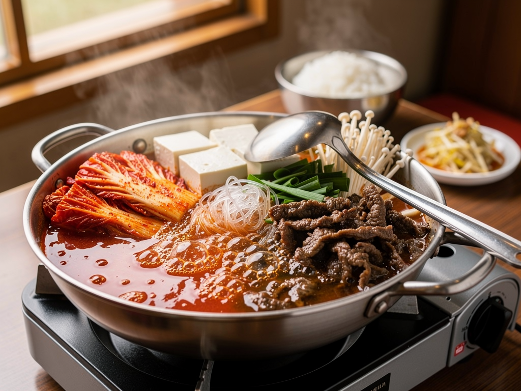 Korean Hot Pot vs Chinese Hot Pot (2026): The Honest UAE Guide 2 Kimchi jeongol bubbling in a shallow Korean pan on a table burner at Mukbang Shows