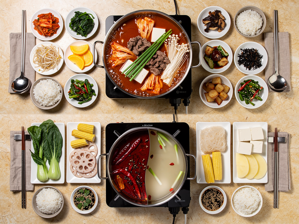 Korean Hot Pot vs Chinese Hot Pot (2026): The Honest UAE Guide 3 Korean jeongol hot pot table with banchan and rice beside a Chinese divided hot pot with plates of vegetables and dipping sauce