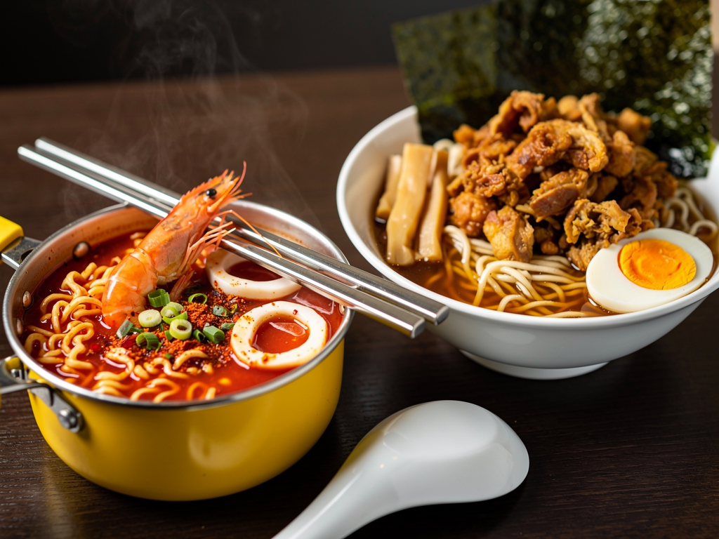 Korean Ramen vs Japanese Ramen (2026): The Honest UAE Guide 2 Japanese shoyu ramen bowl beside a Korean seafood ramyeon bowl on a Dubai table
