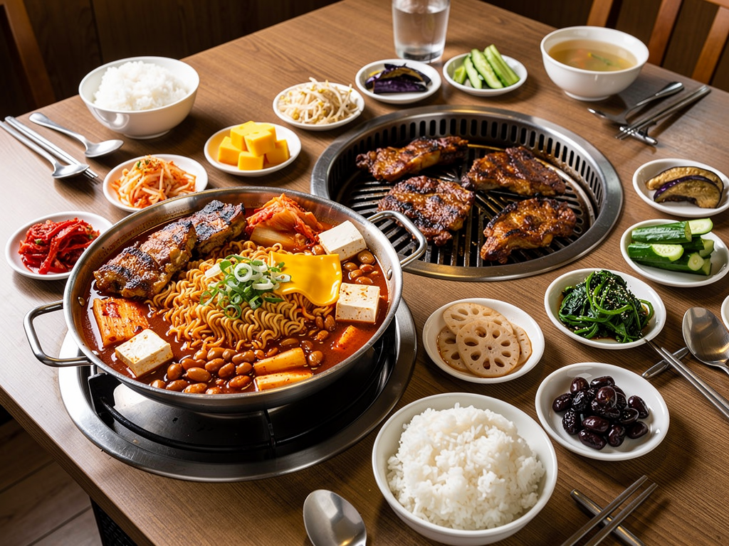 Korean Ramen vs Japanese Ramen (2026): The Honest UAE Guide 3 Mukbang Shows budae jjigae with ramyeon noodles beside a Korean BBQ grill