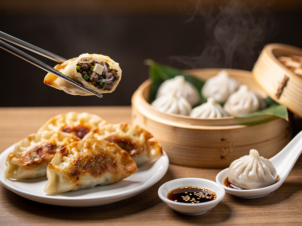 Mandu vs Dim Sum (2026): The Honest UAE Guide 2 Steamed xiao long bao in a bamboo basket beside pan-fried Korean mandu on a plate