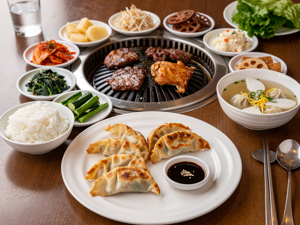 Mandu vs Dim Sum (2026): The Honest UAE Guide 3 Mukbang Shows fried mandu with dipping sauce beside a Korean BBQ grill and banchan