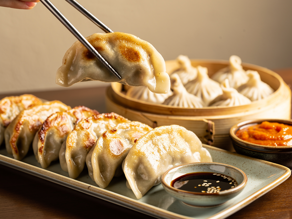 Mandu vs Momos (2026): The Honest UAE Guide 2 golden pan-fried Korean mandu beside pleated steamed momos with orange tomato chutney