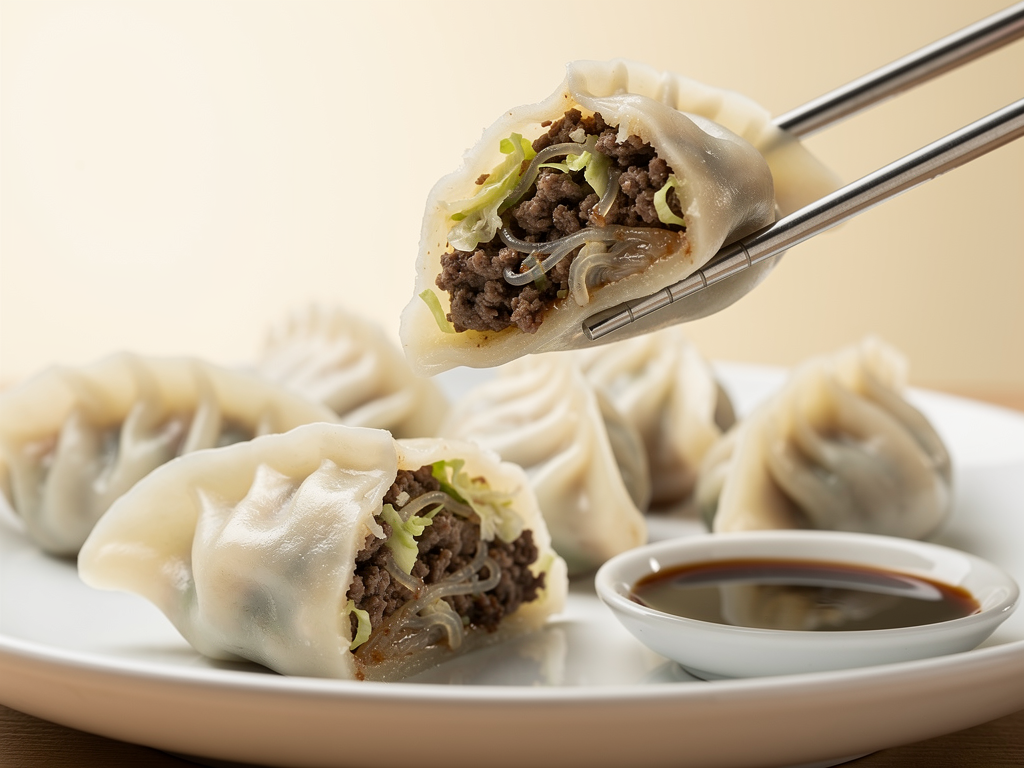 Close-up of a Korean mandu dumpling split open to show its beef and cabbage filling