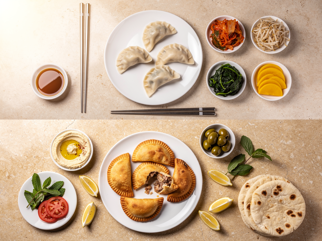 Overhead spread comparing a plate of Korean mandu with a plate of sambousek pastries