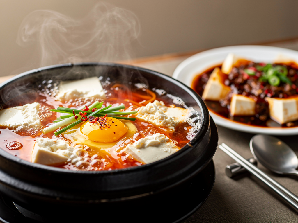 Bubbling soondubu with silken tofu and egg in a stone pot beside a plate of red mapo tofu cubes
