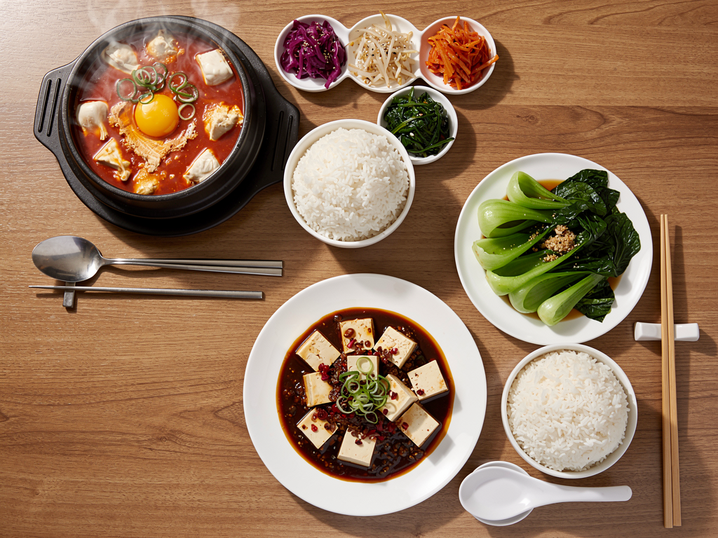 Overhead spread of a Korean soondubu set with rice and banchan beside a Sichuan mapo tofu plate with rice and stir-fried greens