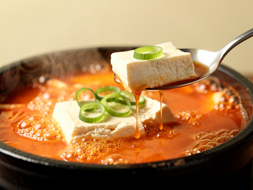 Soondubu vs Shorbat Adas (2026): Honest UAE Guide 2 Close-up of silken tofu in the red chilli broth of soondubu jjigae