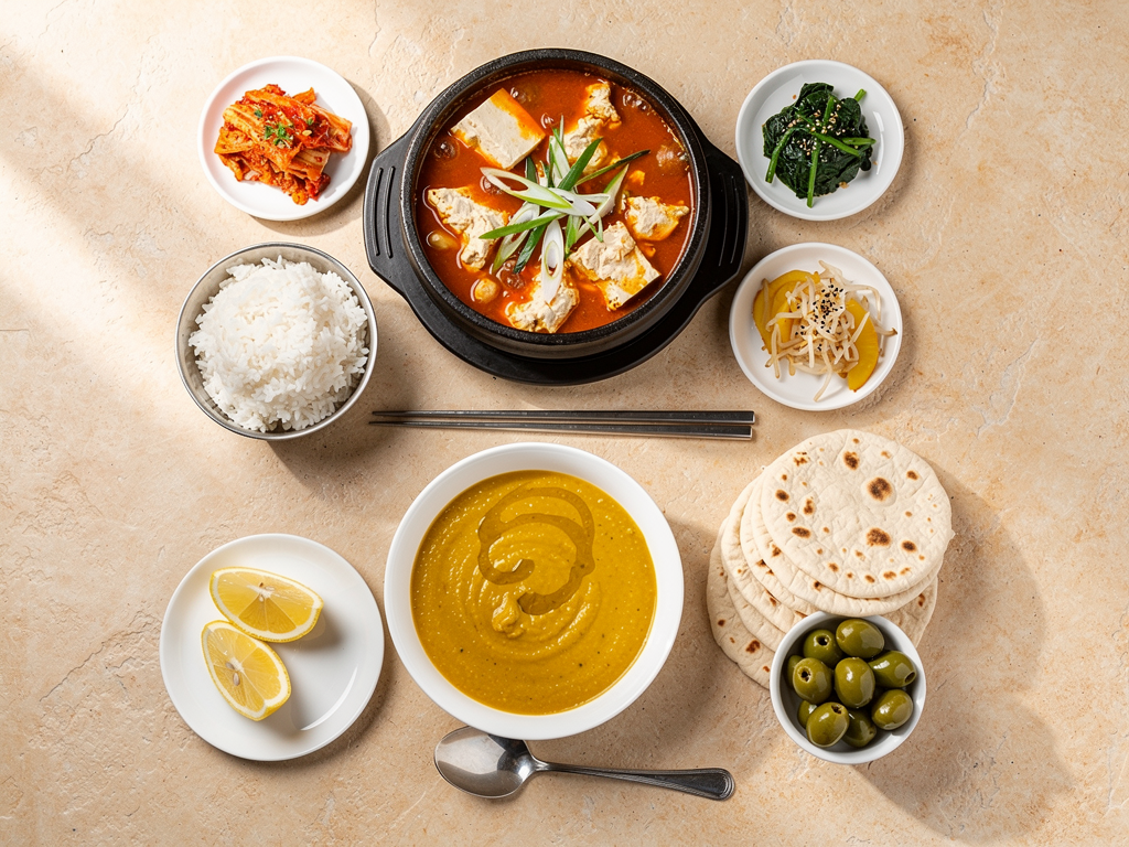 Soondubu vs Shorbat Adas (2026): Honest UAE Guide 3 Overhead spread comparing a stone pot of soondubu jjigae with a bowl of lentil soup