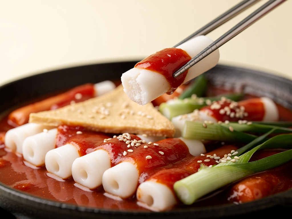Tteokbokki Vs Batata Harra (2026): Honest Local Guide 2 Close-up of chewy white rice cakes in glossy red gochujang sauce