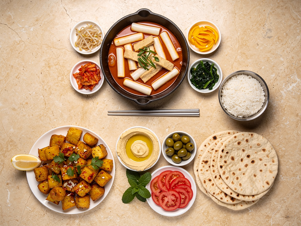 Tteokbokki Vs Batata Harra (2026): Honest Local Guide 3 Overhead table spread comparing a pan of tteokbokki with a plate of batata harra