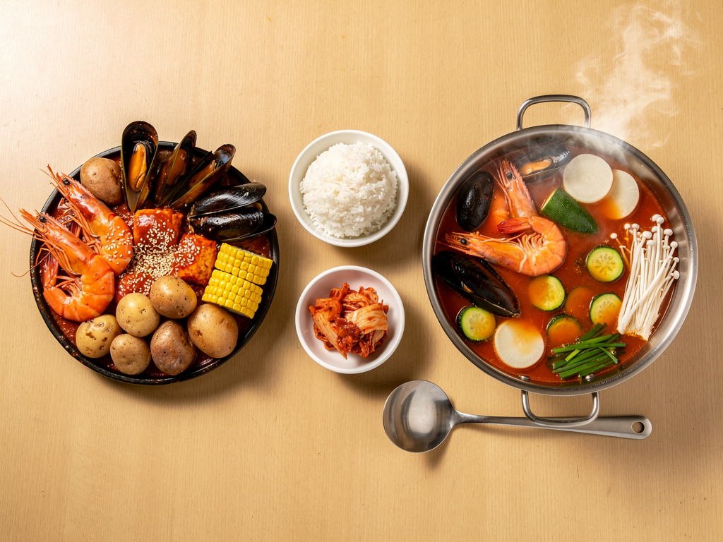 A Korean seafood boil tray beside a bubbling haemul jeongol seafood hot pot with broth