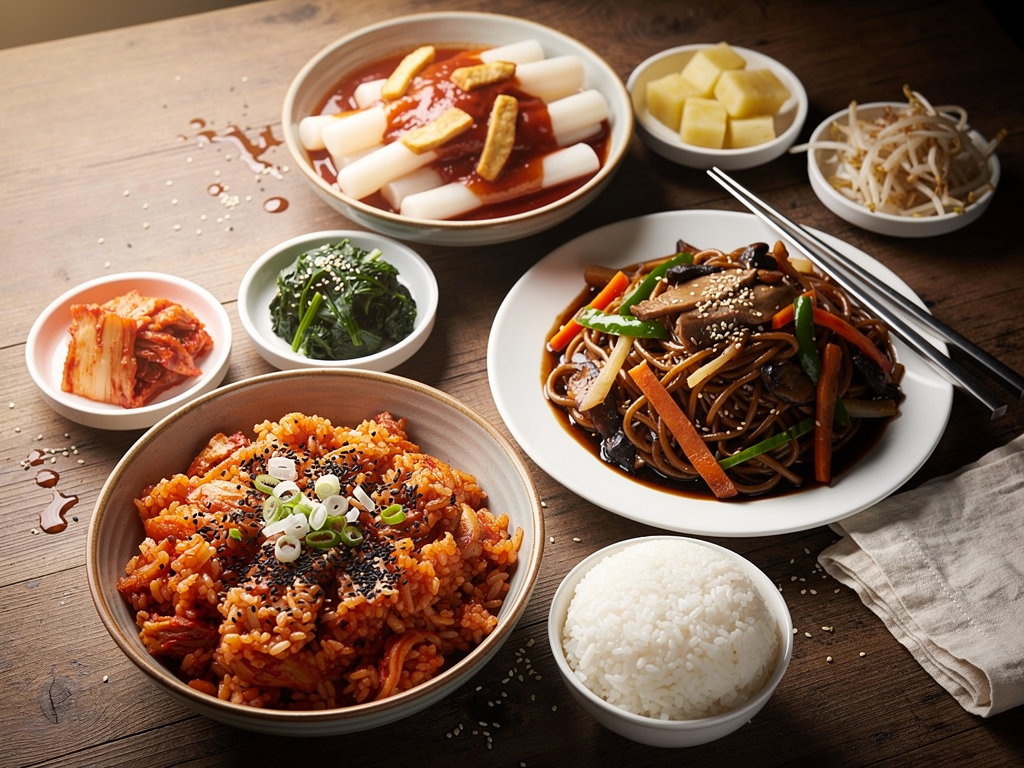 What Is Bokkeum? (볶음) The Complete 2026 Guide for the UAE 3 Three Korean stir-fried dishes on a table: fried rice, stir-fried noodles and rice cakes