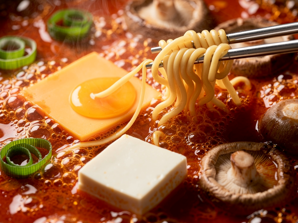 What Is Budae Jjigae? (부대찌개) The Complete 2026 Guide for the UAE 2 close-up of halal budae jjigae broth with tofu, noodles and melting cheese