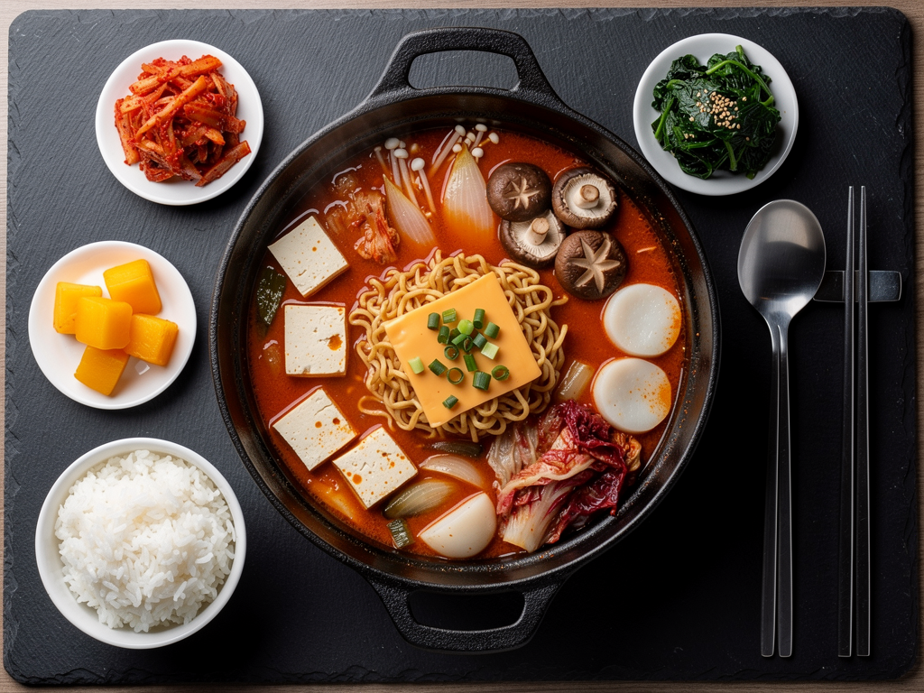 What Is Budae Jjigae? (부대찌개) The Complete 2026 Guide for the UAE 3 budae jjigae army stew shared on a Korean table in the UAE