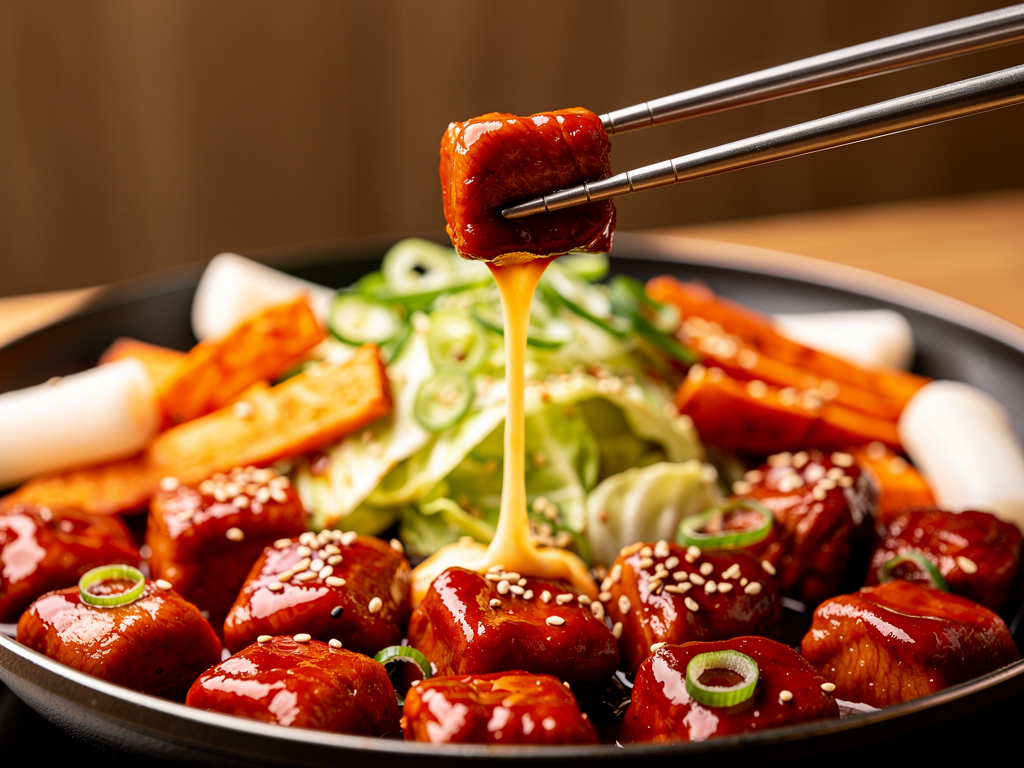 What Is Dakgalbi? (닭갈비) The Complete 2026 Guide for the UAE 2 close-up of dakgalbi spicy stir-fried chicken with melted cheese and rice cakes
