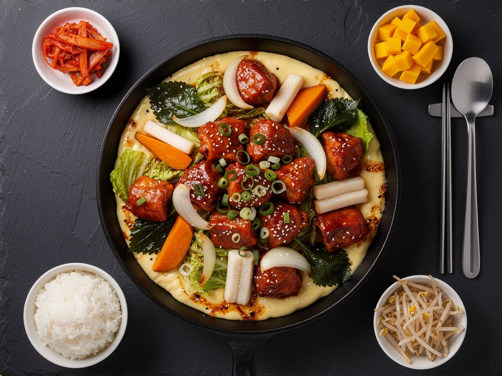 What Is Dakgalbi? (닭갈비) The Complete 2026 Guide for the UAE 3 dakgalbi stir-fried chicken pan served with Korean side dishes in the UAE