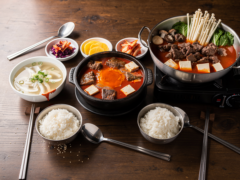 What Is Guk? (국) The Complete 2026 Guide for the UAE 3 a Korean table with soup, stew and hot pot side by side
