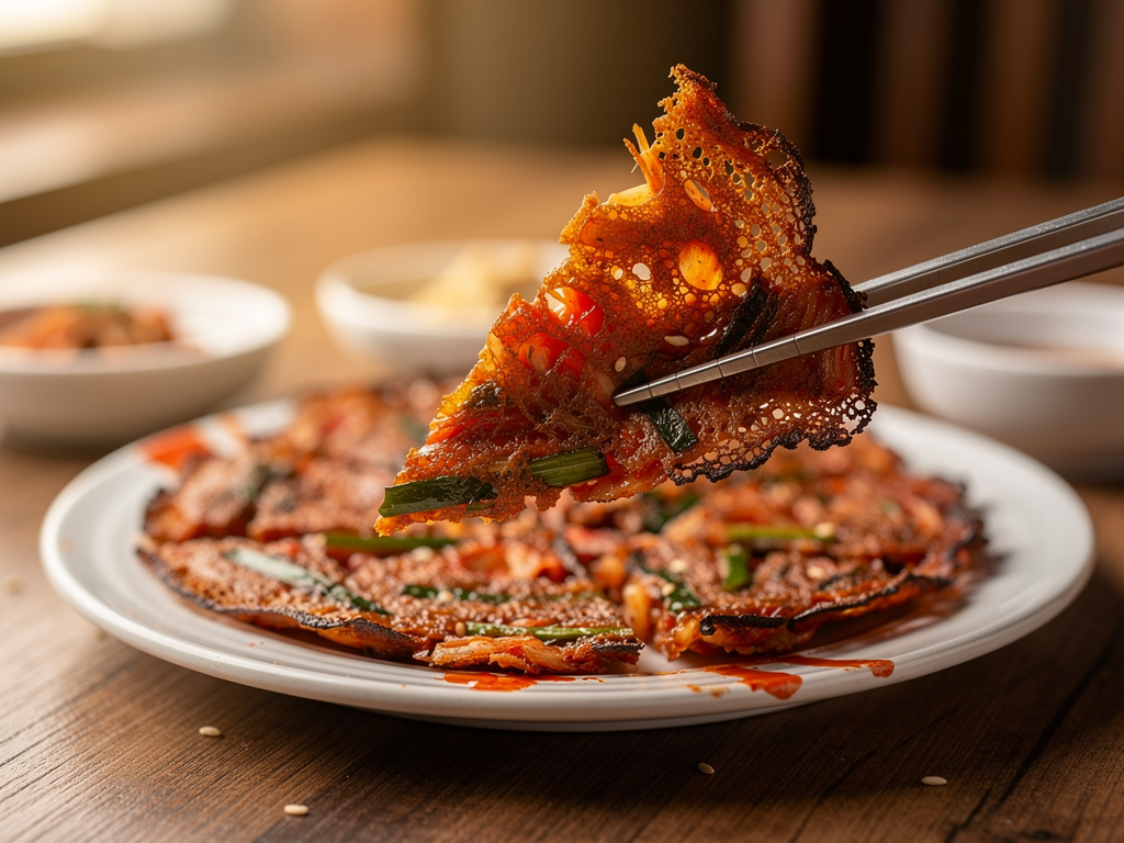 What Is Jeon? (전) The Complete 2026 Guide for the UAE 2 Close-up of crisp Korean kimchi jeon being lifted with chopsticks