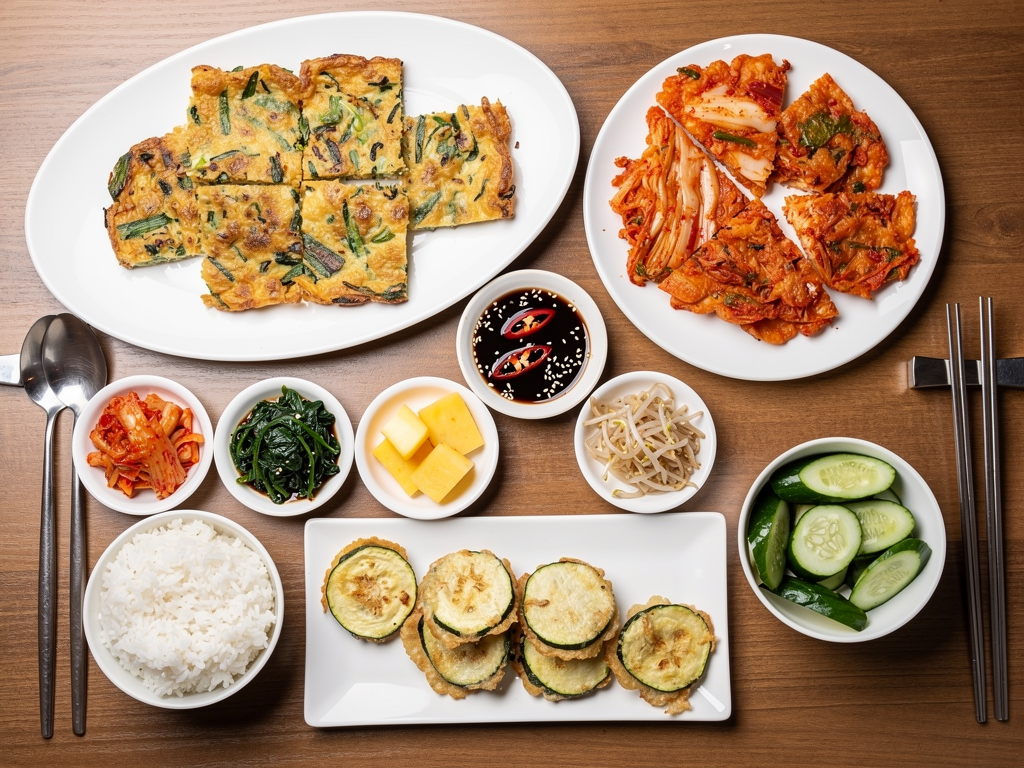 What Is Jeon? (전) The Complete 2026 Guide for the UAE 3 Three kinds of Korean jeon on a table with dipping sauce, rice and banchan