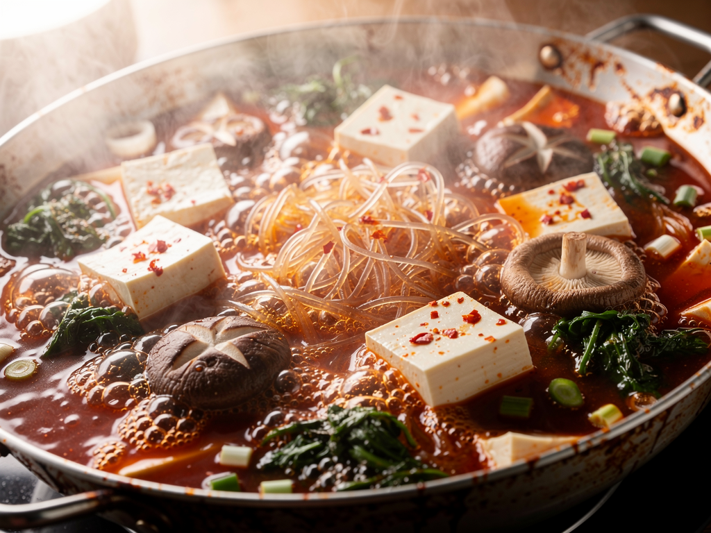 What Is Jeongol? (전골) The Complete 2026 Guide for the UAE 2 Close-up of a bubbling Korean jeongol hot pot with tofu, mushrooms and glass noodles