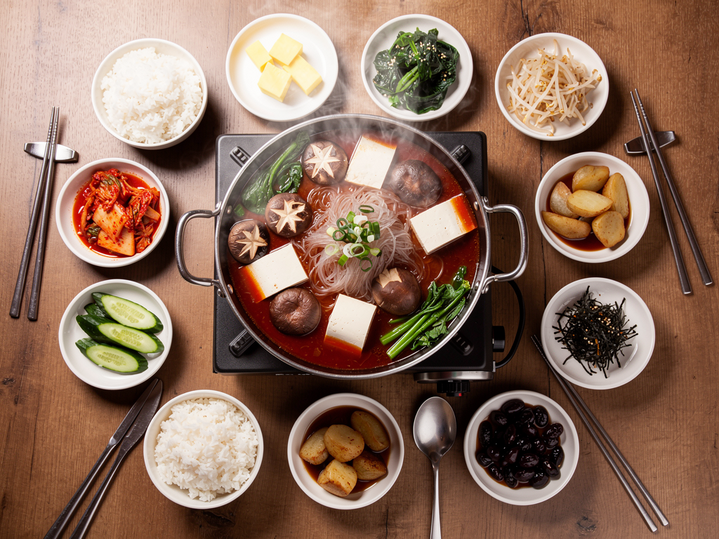 What Is Jeongol? (전골) The Complete 2026 Guide for the UAE 3 A Korean jeongol pan on a table burner surrounded by rice bowls and banchan