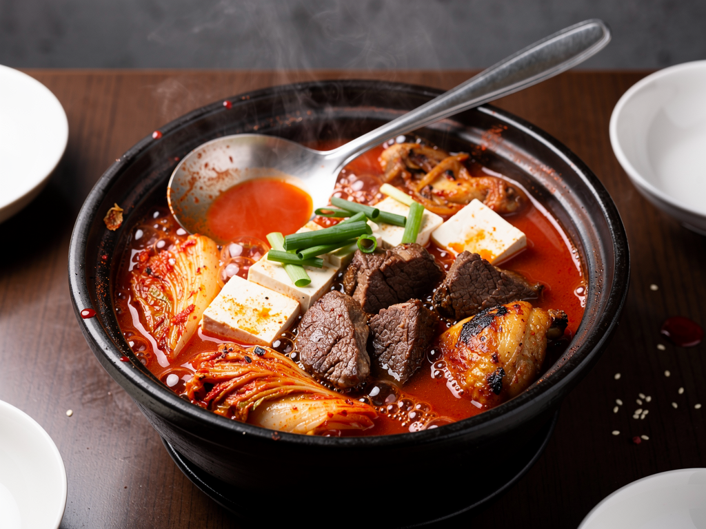 close-up of a bubbling kimchi jjigae stew in a black earthenware ttukbaegi pot