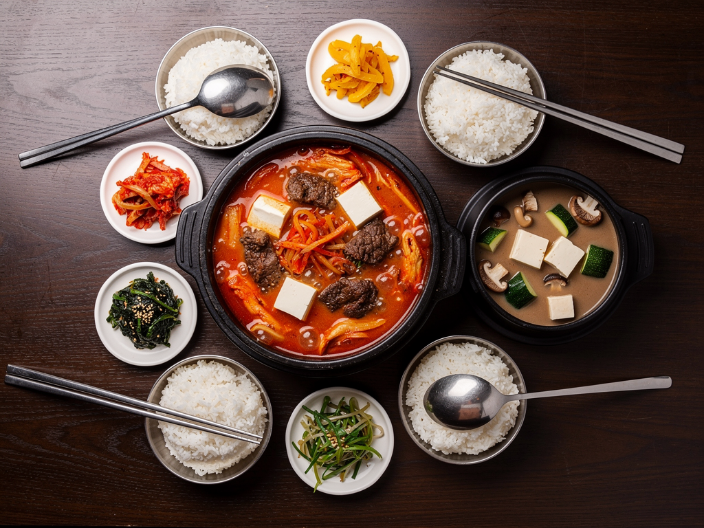 a Korean dinner table with a shared kimchi jjigae, bowls of rice and banchan side dishes