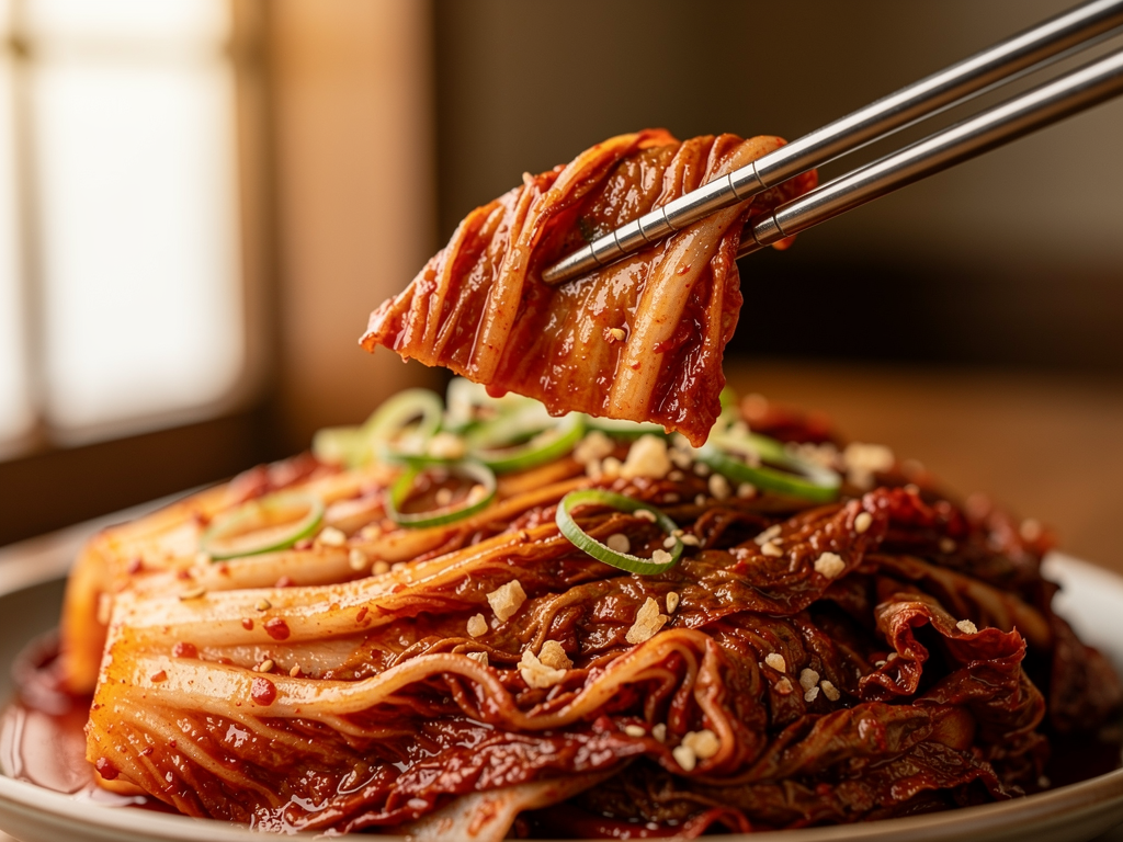 What Is Kimchi? (김치) The Complete 2026 Guide for the UAE 2 close-up of red napa cabbage kimchi being lifted with chopsticks at a Korean restaurant in the UAE