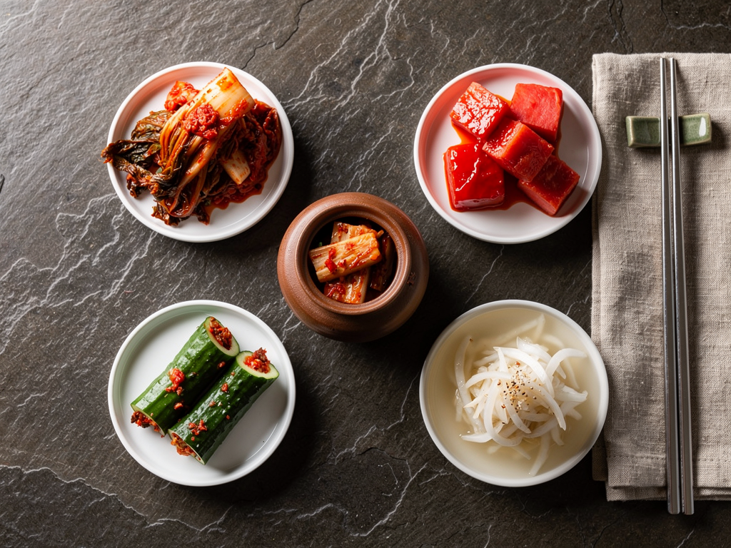 What Is Kimchi? (김치) The Complete 2026 Guide for the UAE 3 overhead spread of several kinds of Korean kimchi in small dishes on a dark table