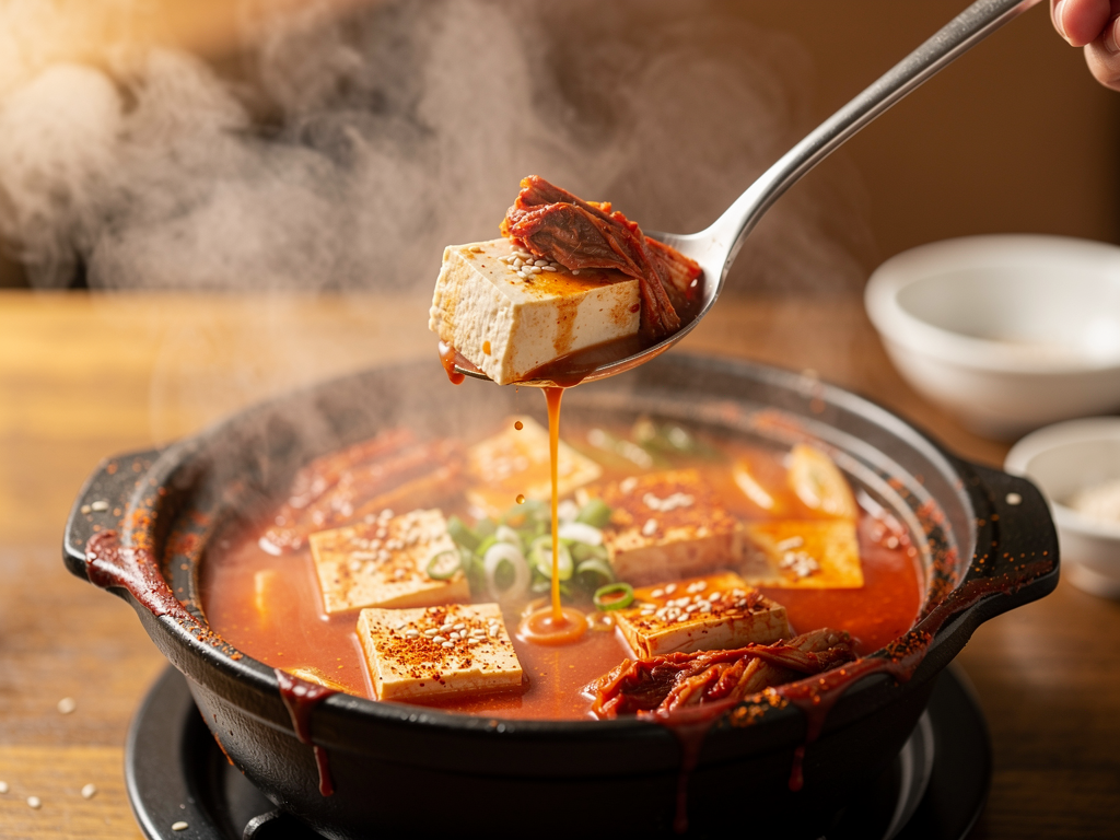 Close-up of a spoonful of kimchi jjigae with tofu and softened kimchi
