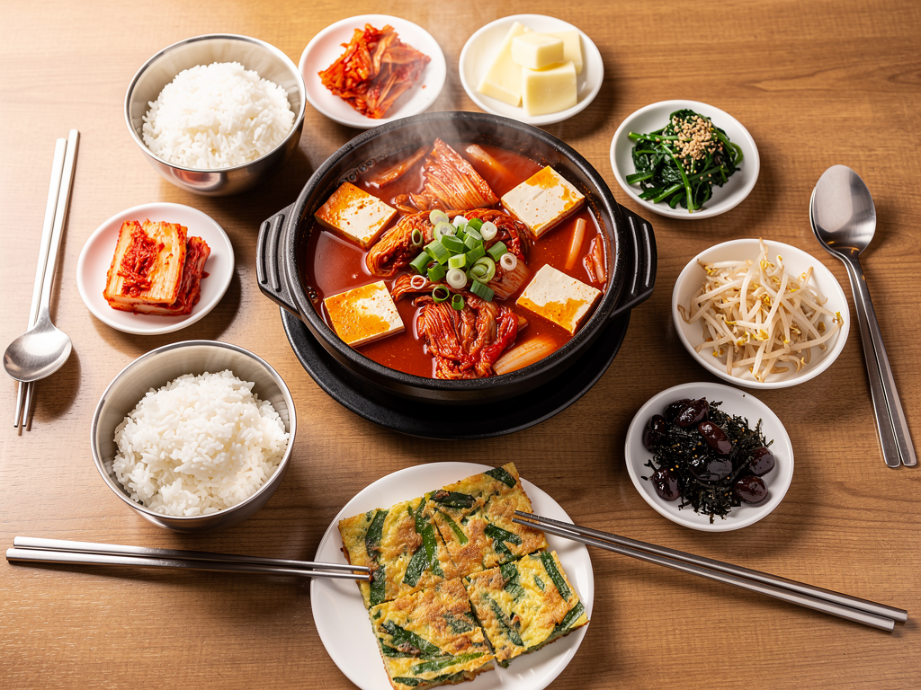 A pot of kimchi jjigae on a Korean table with rice and banchan