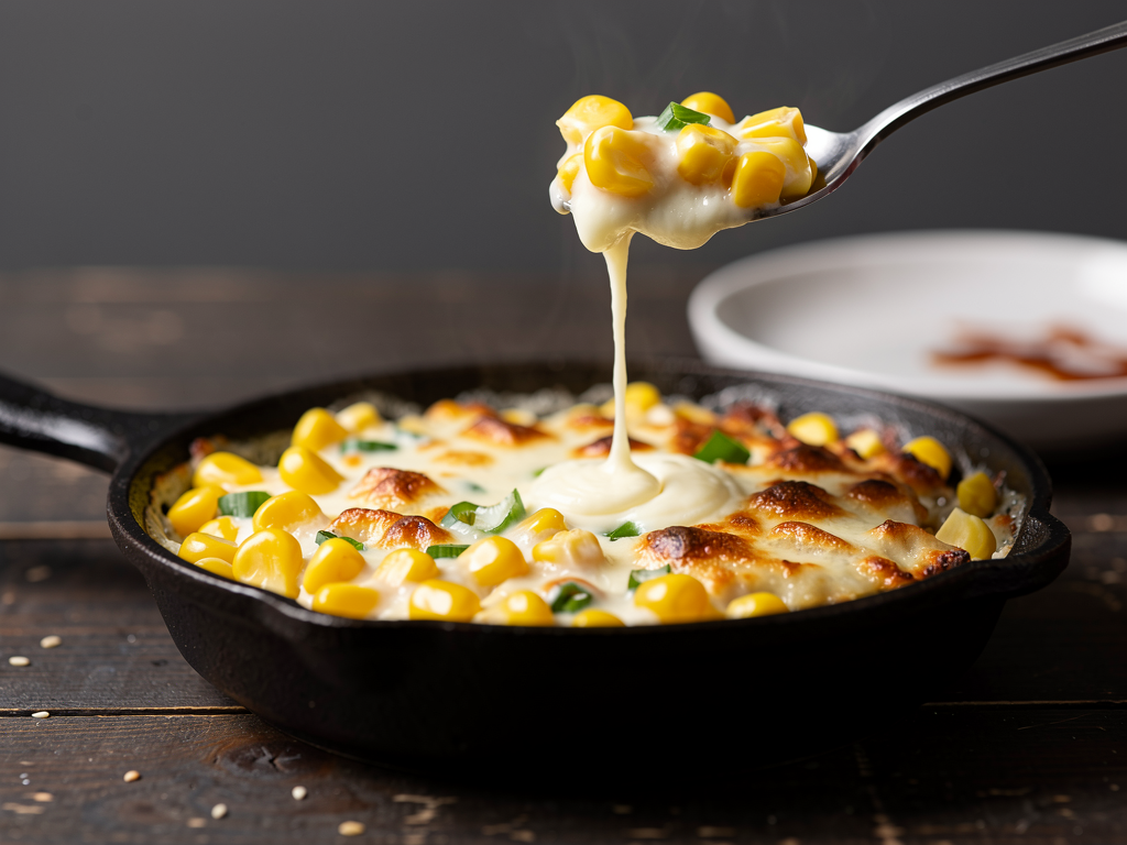 What Is Korean Corn Cheese? (콘치즈) The Complete 2026 Guide for the UAE 2 close-up of a sizzling cast-iron skillet of Korean corn cheese with browned mozzarella