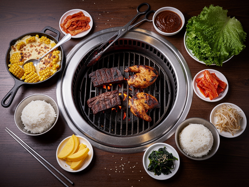 What Is Korean Corn Cheese? (콘치즈) The Complete 2026 Guide for the UAE 3 a Korean BBQ table with a skillet of corn cheese beside grilled beef, rice and banchan