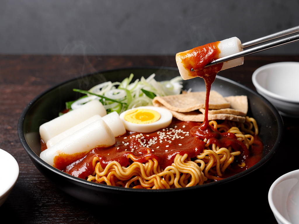 close-up of rabokki rice cakes and ramyeon noodles in gochujang sauce