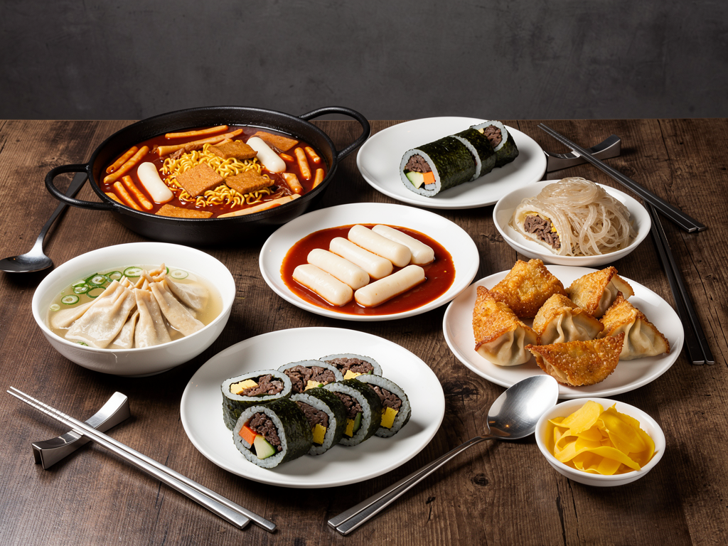 a Korean street food spread with rabokki, tteokbokki, gimbap, mandu and fried dumplings
