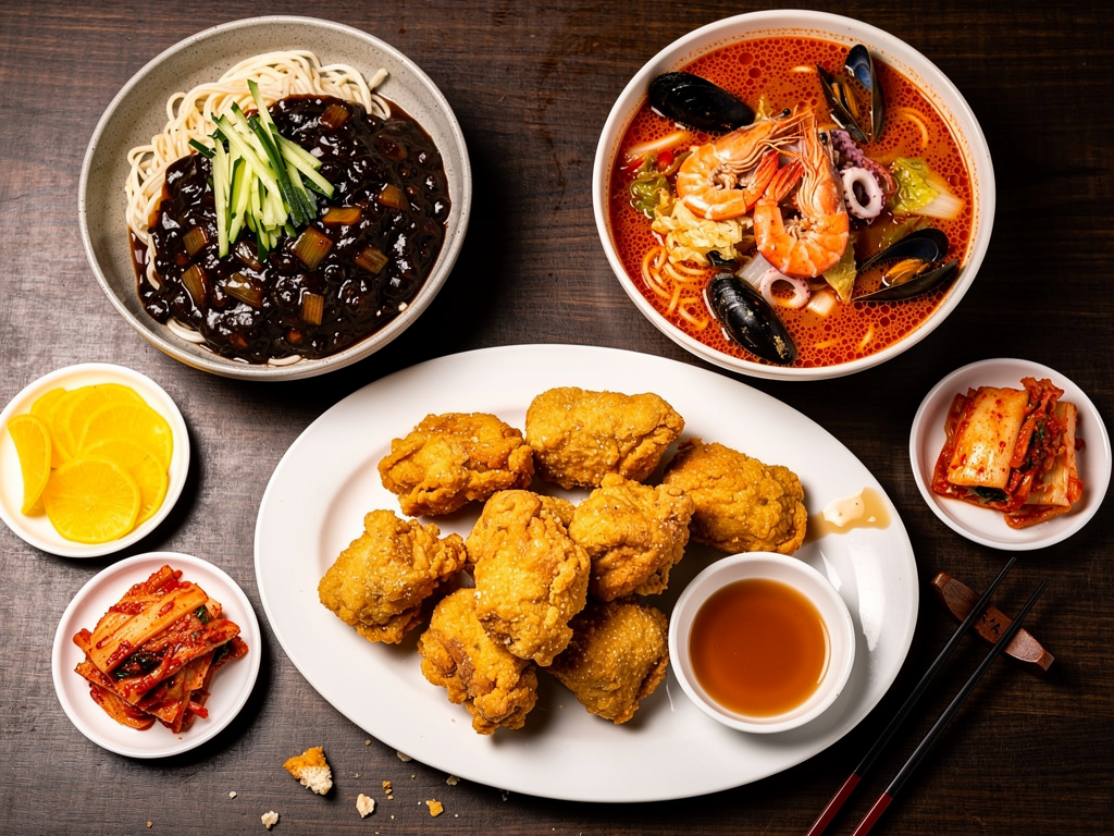 Korean tangsuyuk served with jajangmyeon and jjampong as a shared table