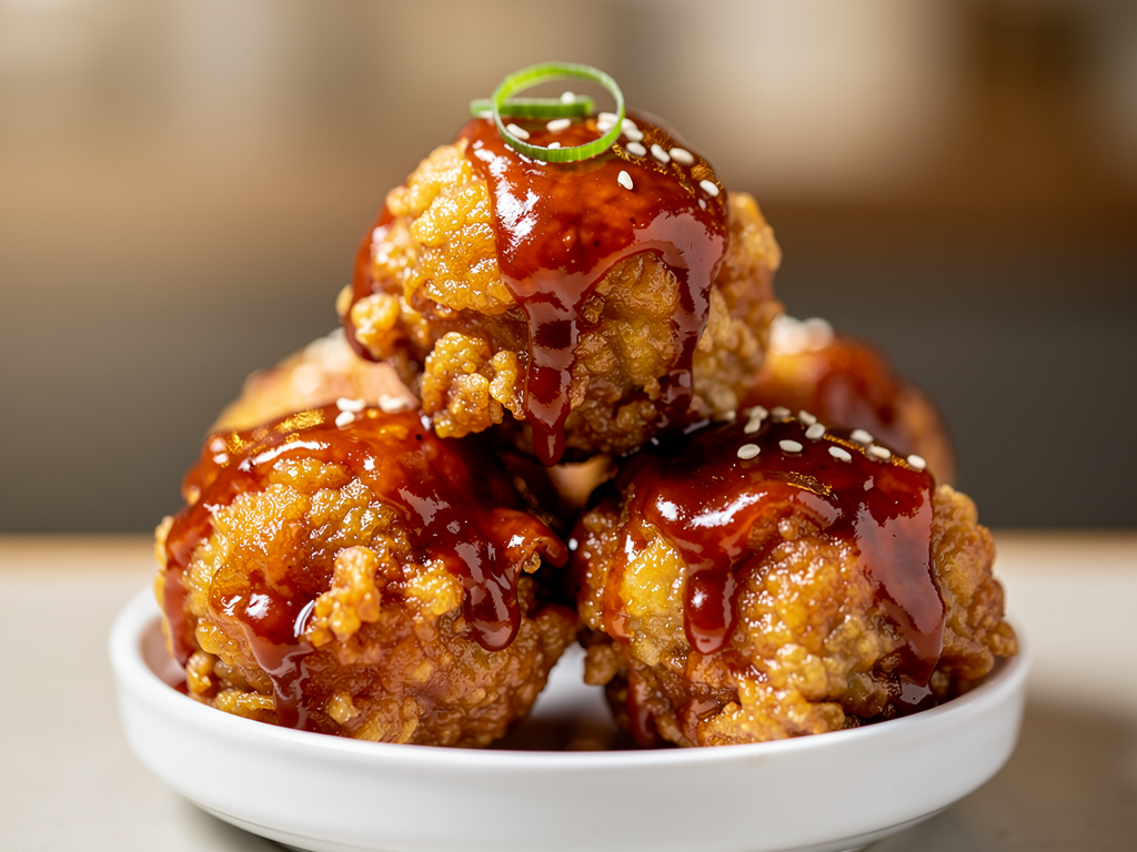 What Is Yangnyeom Chicken? (양념치킨) The Complete 2026 UAE Guide 2 Close-up of Korean fried chicken pieces coated in sticky red yangnyeom gochujang sauce