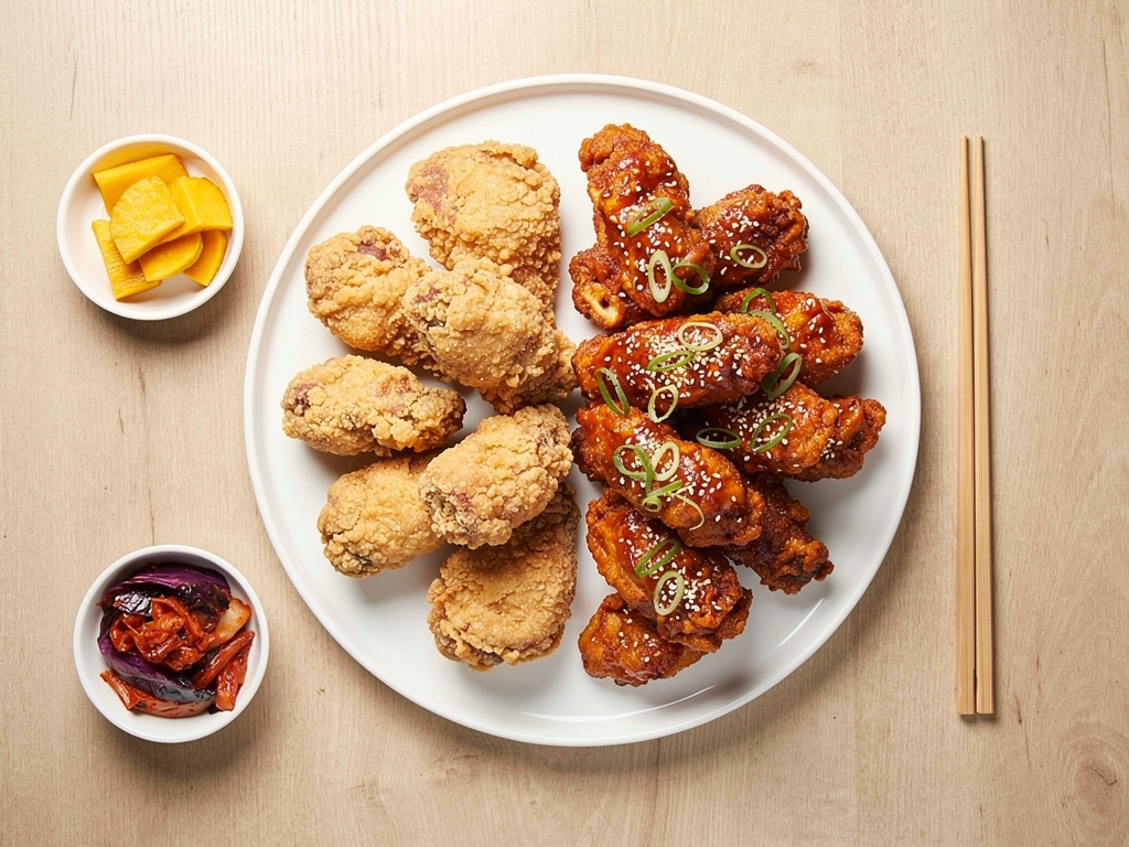 What Is Yangnyeom Chicken? (양념치킨) The Complete 2026 UAE Guide 3 Plain Korean fried chicken and sauced yangnyeom chicken served side by side on one platter